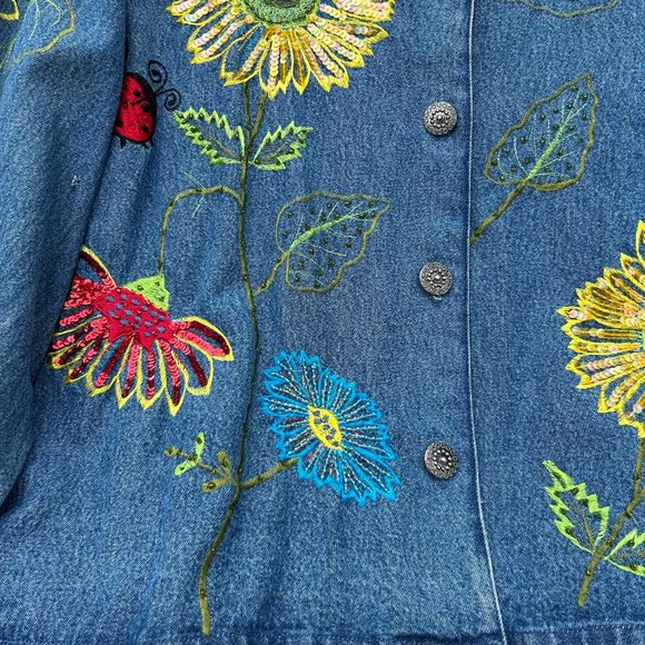 Tantrums Denim Jacket Embroidered Floral Sequin Button Up Medium - Picture 5 of 9